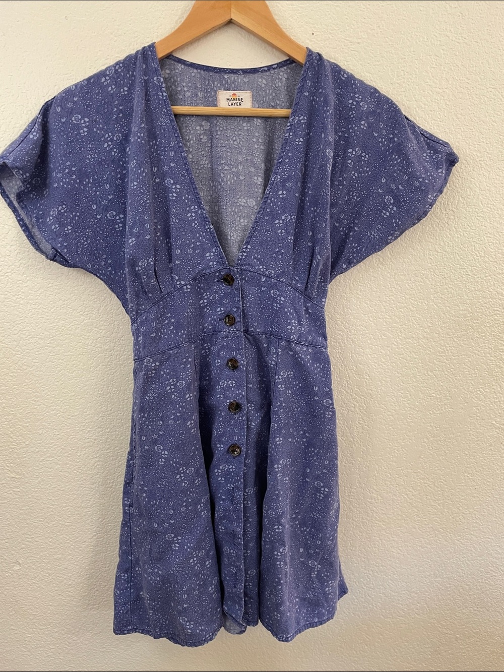 Marine layer Indigo floral Button-Front Mini Dress pockets tie back Xs 20x12x31